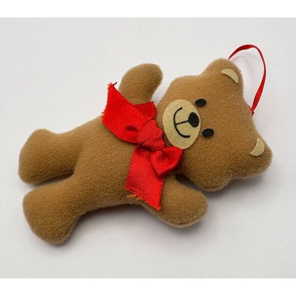 Soft Brown Teddy Bear Christmas Tree Ornament Standing Smiling with Red Bow - Picture 5 of 6
